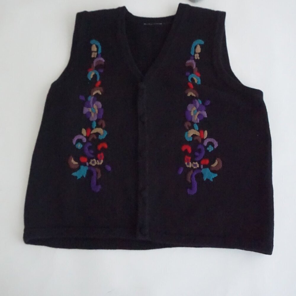 Vintage Black Floral Flowers Embroidered Open Front Boho Cardigan Sweater Vest L